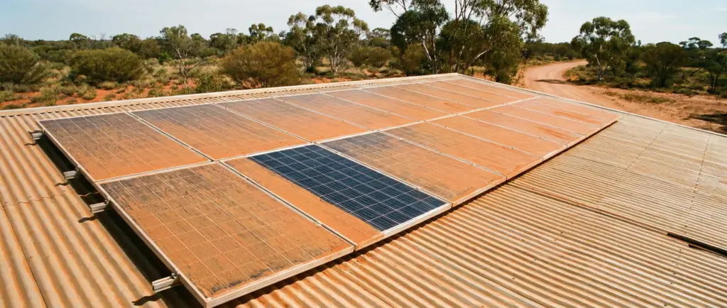 Solar panels covered in heavy red dust on a rural Australian corrugated iron roof, demonstrating significant soiling efficiency loss compared to a cleaner panel.