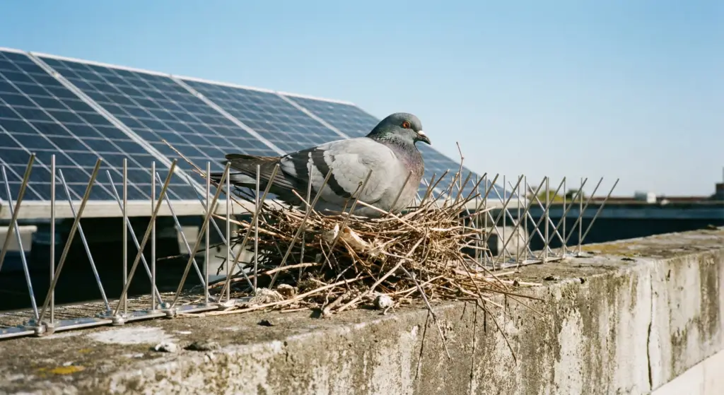 Feral pigeon sitting on a nest built directly on top of metal bird spikes, demonstrating the failure of spikes for solar protection.