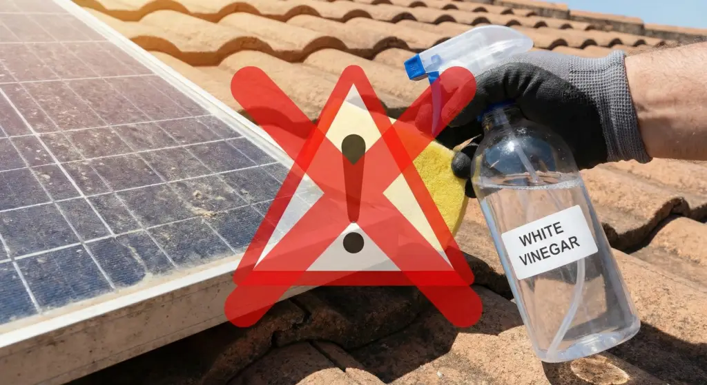 Bottle of vinegar on solar panels representing the risks of diy cleaning.