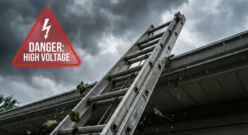 Unsecured ladder slipping from a roof illustrating the risks of DIY solar panel cleaning.