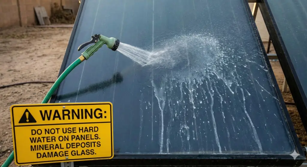 Garden hose spraying hard tap water on solar panels with a warning sign about mineral deposits.