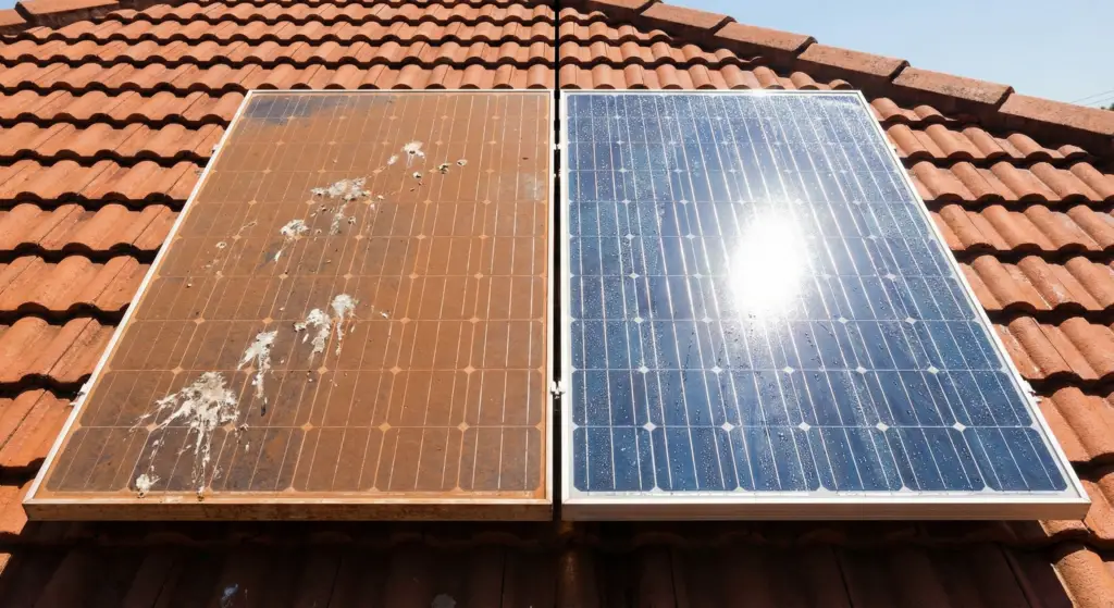 Split screen showing dirty solar panels with red dust versus clean panels, illustrating the importance of regular maintenance.
