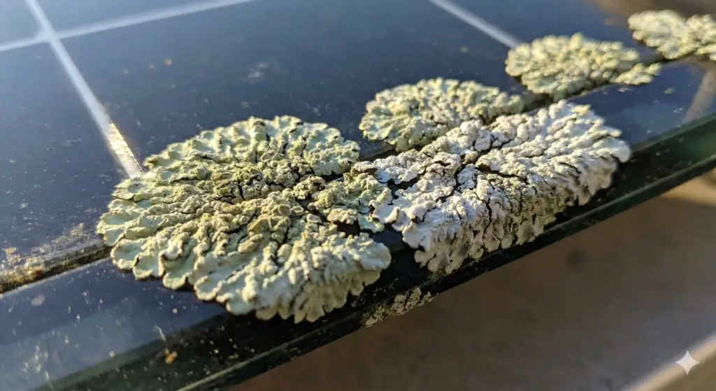 Close up of green lichen growing on solar panel glass, requiring chemical removal.