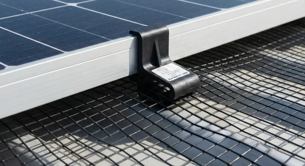 Close-up of a UV-stabilized nylon J-hook clip securing black mesh to a solar panel frame without drilling.
