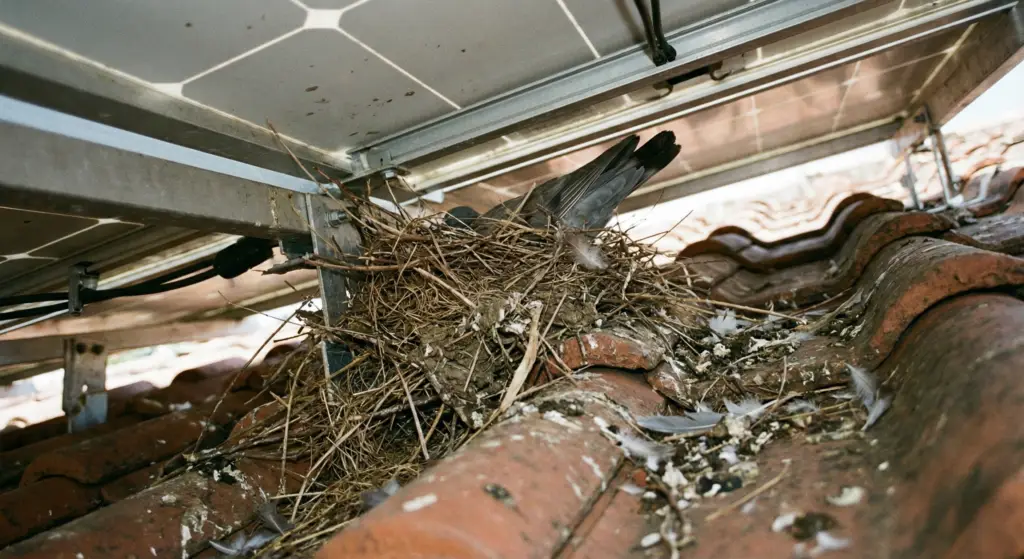 Messy pigeon nest made of twigs and dry grass packed underneath solar panels, posing a fire risk.