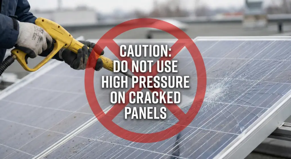 High pressure washer gun spraying a solar panel causing shattered glass and voiding the manufacturer warranty.