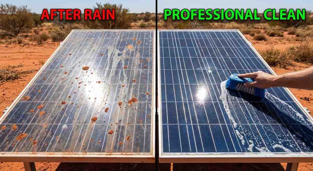 Comparison showing **does rain clean solar panels**: red dust mud vs professional cleaning