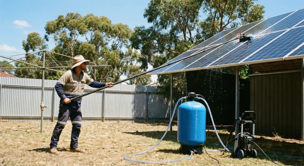 Professional solar cleaner using a water-fed pole and blue deionized water filter vessel in an Australian backyard.