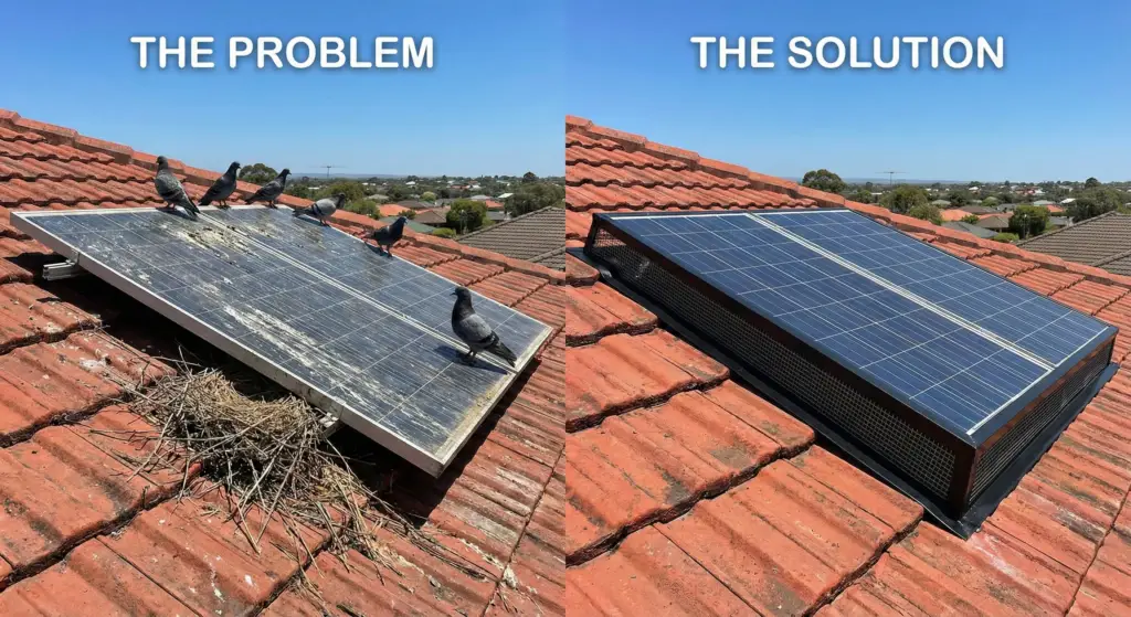 Split screen comparison: Left shows pigeon infestation and nesting under solar panels; Right shows clean system protected by black PVC solar mesh on an Australian roof.