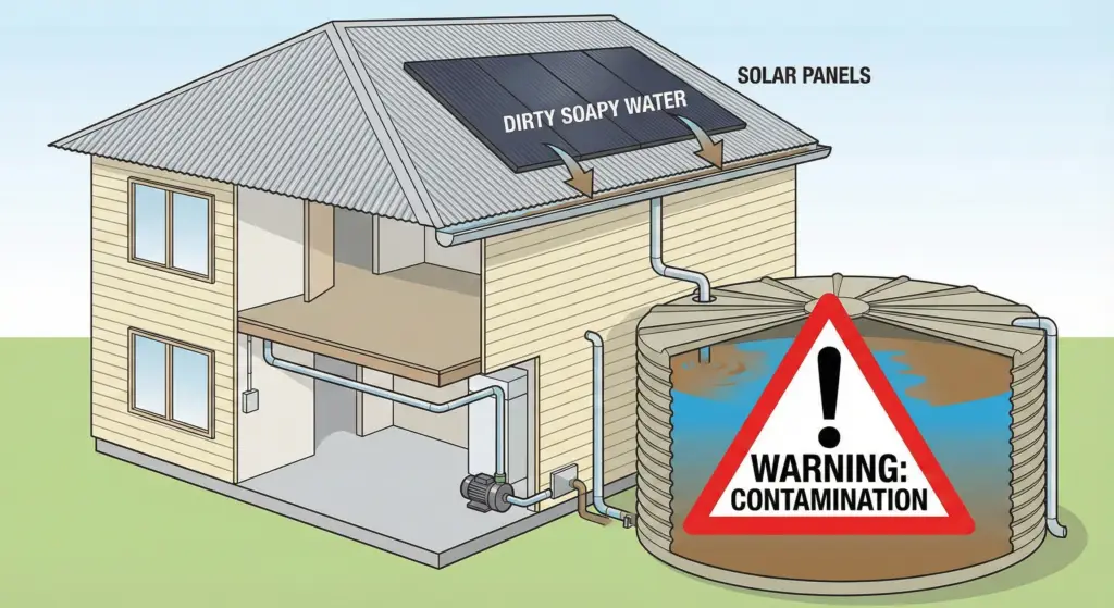 Diagram showing dirty soapy water runoff from solar panels flowing into a residential rainwater tank with a warning sign.
