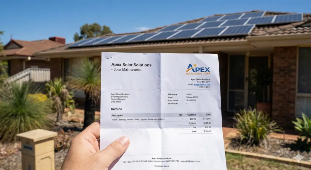 Hand holding a solar panel cleaning invoice in front of an Australian suburban home.