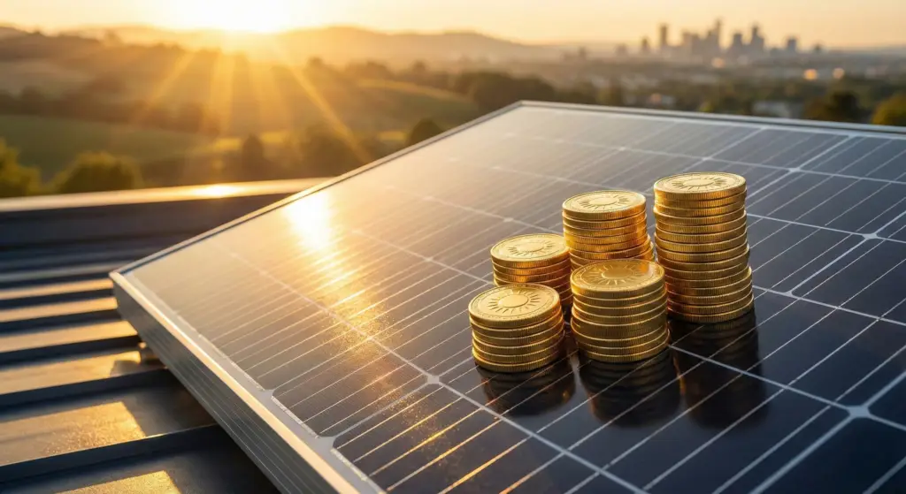 Gold coins stacked on a clean solar panel representing the financial ROI of maintenance.