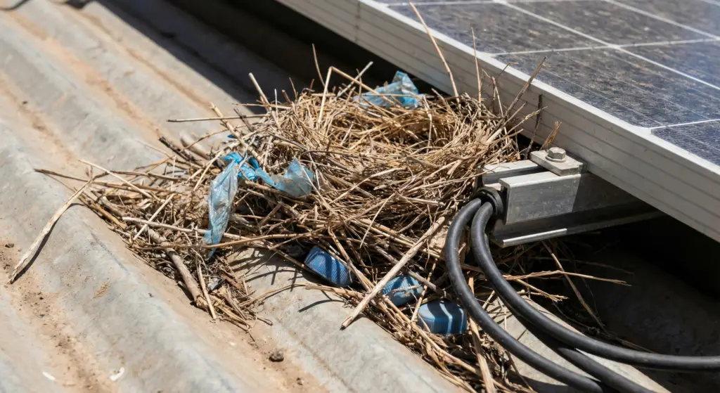 Dry bird nest material packed tightly under solar panels creating a severe fire hazard near DC electrical cables.
