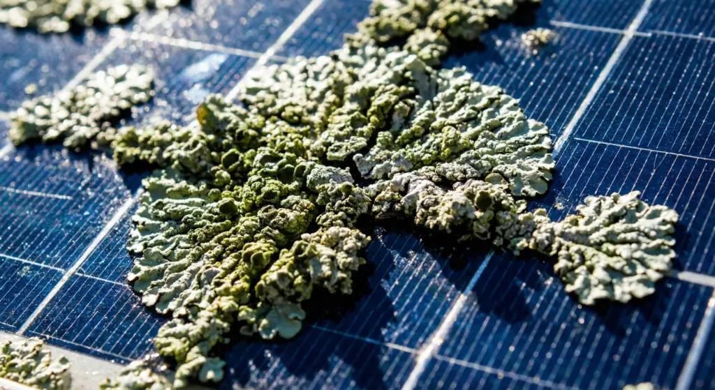 Close up of lichen growing on solar panels showing hard shading risk.