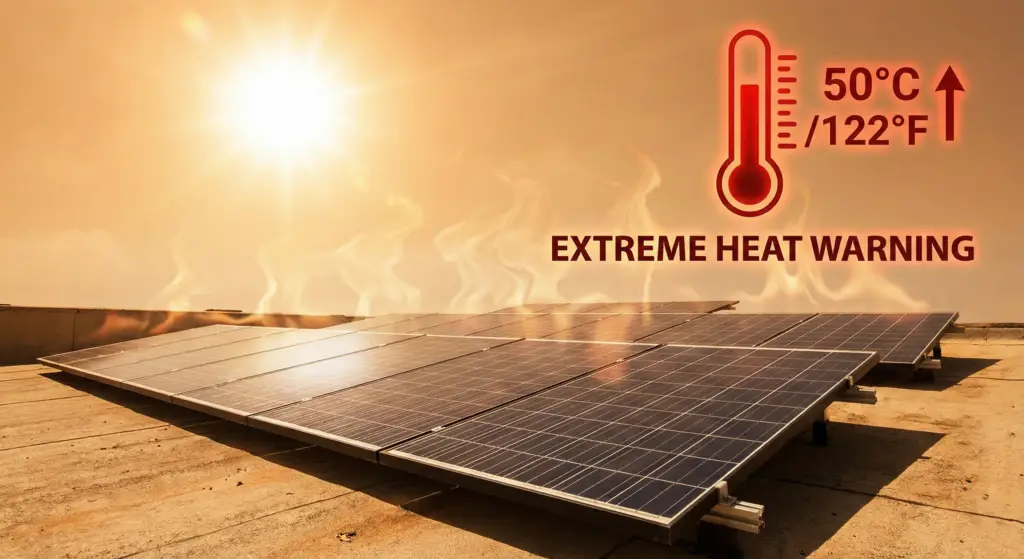 Solar panels overheating in extreme sun with a thermometer showing 50°C, warning of thermal shock risk during cleaning.